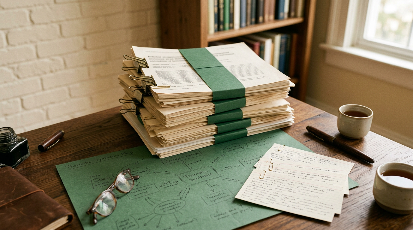 Journal articles and citation cards arranged for literature synthesis