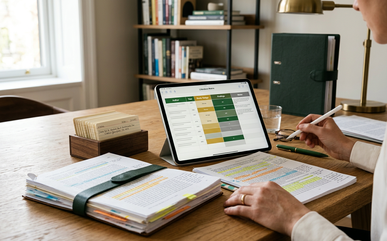 Research papers and citation cards arranged for literature synthesis