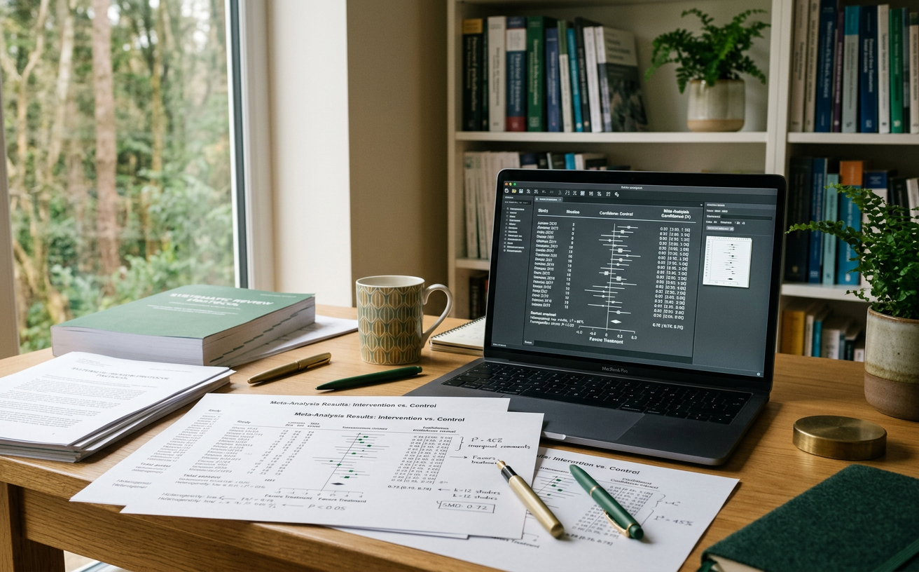 Forest plot charts and statistical notes arranged on a research desk