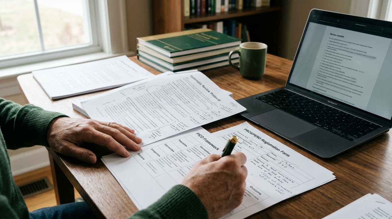 Researcher reviewing a systematic review protocol and PROSPERO registration notes