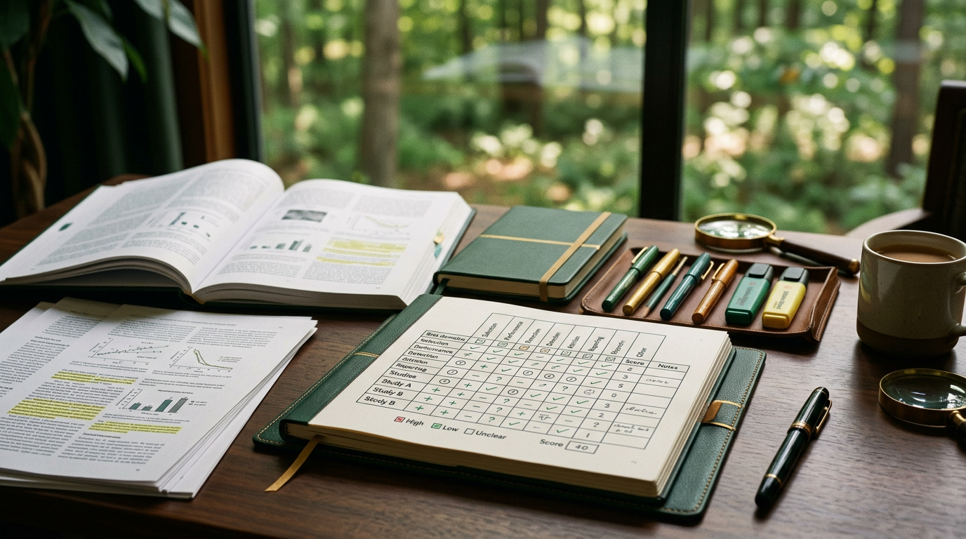 Structured risk-of-bias assessment table beside research papers