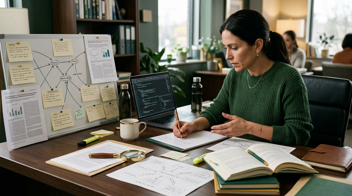 Research strategist mapping database search strings across evidence cards